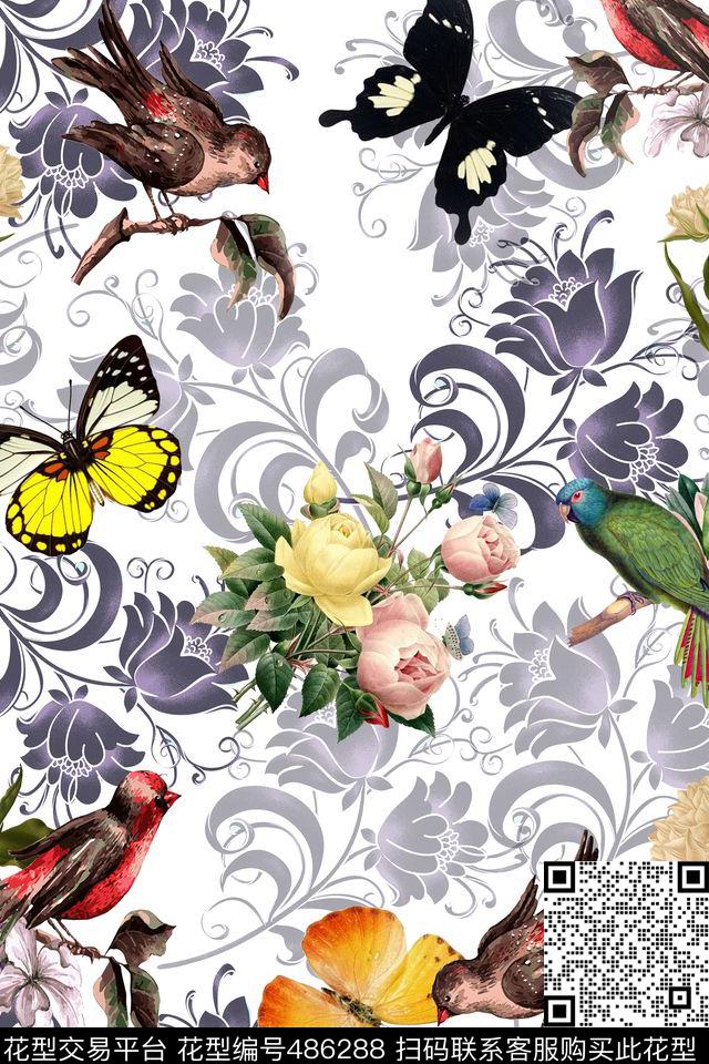 欧式花纹花卉蝴蝶休闲风数码印花华亿平台下载（图片编号: 486288） - 瓦栏（Walan）