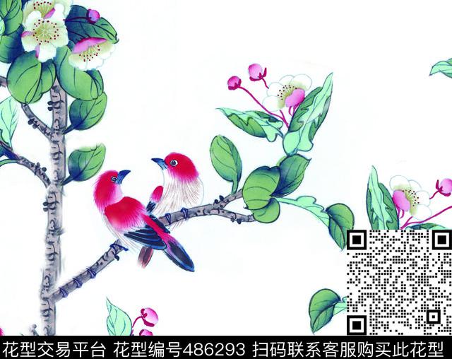 写意小鸟树枝数码印花华亿平台下载（图片编号: 486293） - 瓦栏（Walan）