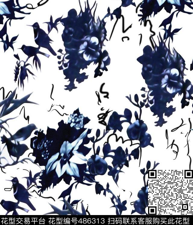 花卉剪影鸟传统印花华亿平台下载（图片编号: 486313） - 瓦栏（Walan）