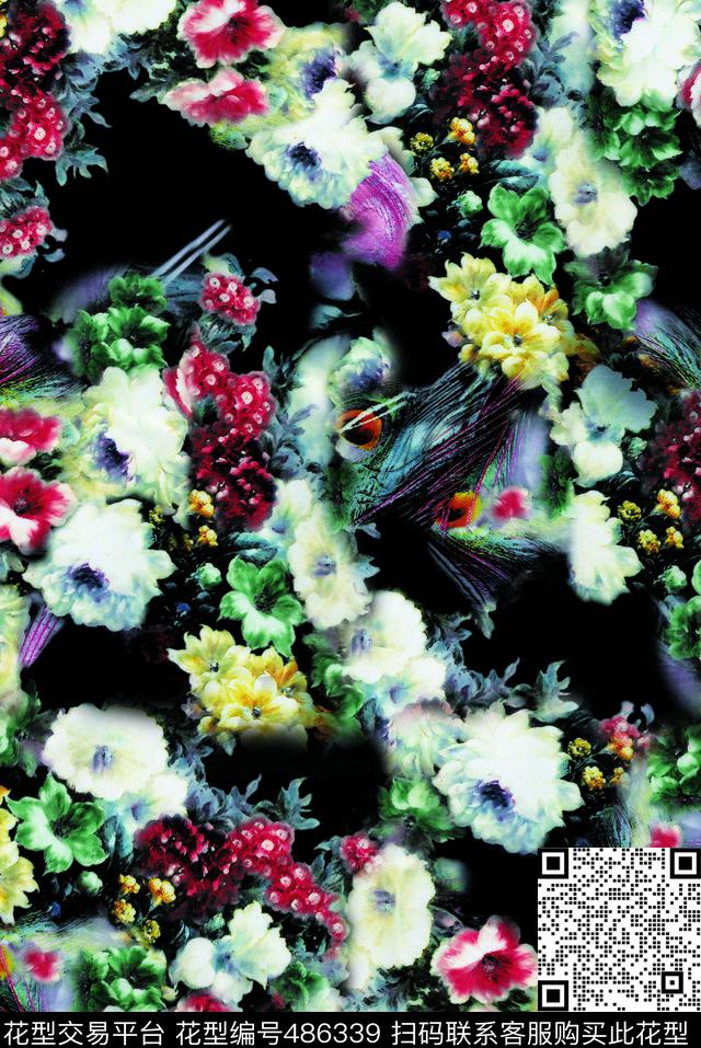 碎花乱花孔雀羽毛数码印花华亿平台下载（图片编号: 486339） - 瓦栏（Walan）