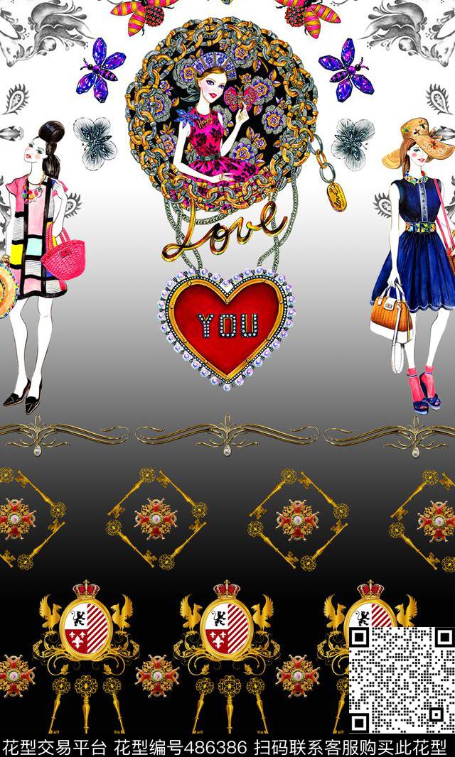 黑白花纹欧式图案时尚人物数码印花华亿平台下载（图片编号: 486386） - 瓦栏（Walan）