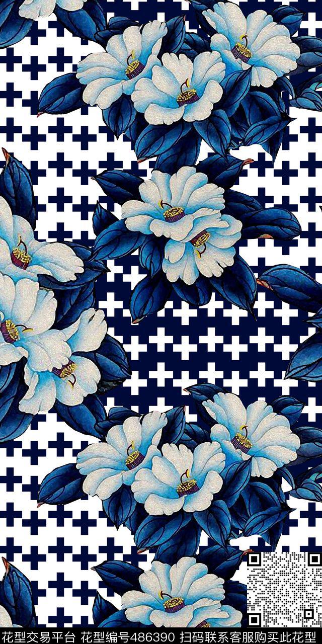 格子底工笔画玉兰花数码印花华亿平台下载（图片编号: 486390） - 瓦栏（Walan）