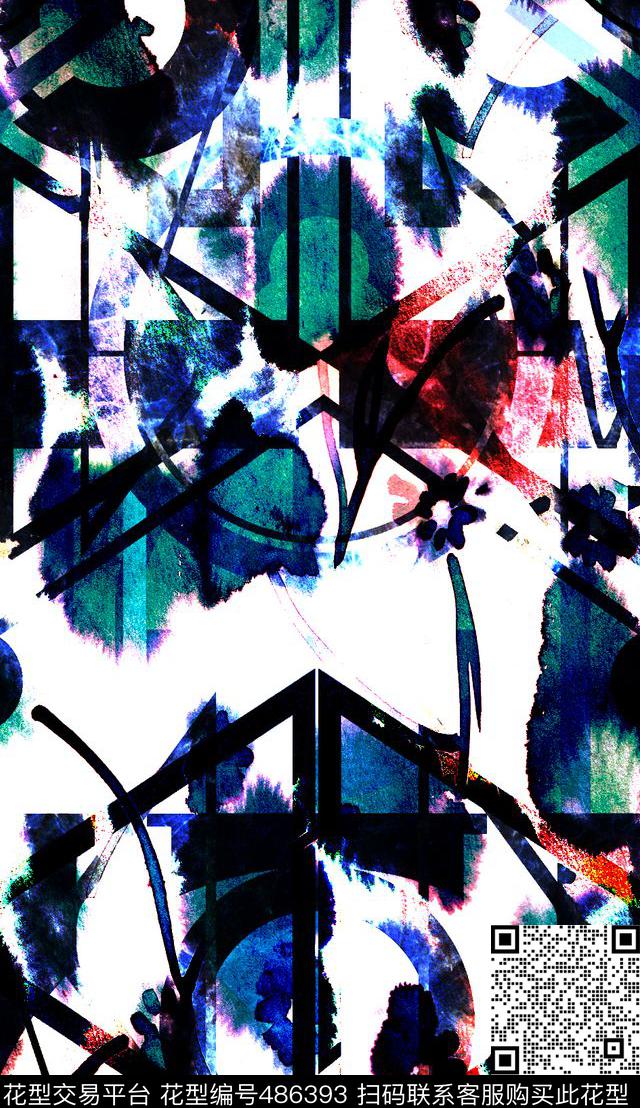 时尚水墨毛笔数码印花华亿平台下载（图片编号: 486393） - 瓦栏（Walan）