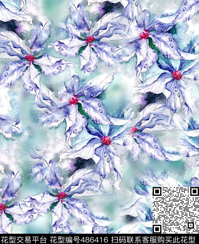 手绘水彩花卉紫色满花碎花数码印花华亿平台下载（图片编号: 486416） - 瓦栏（Walan）