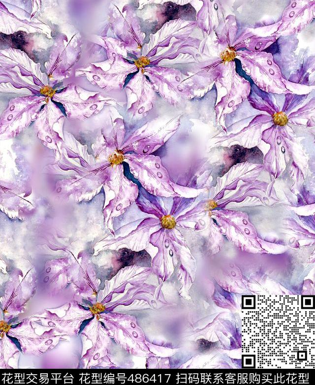 手绘水彩花卉紫色满花碎花数码印花华亿平台下载（图片编号: 486417） - 瓦栏（Walan）