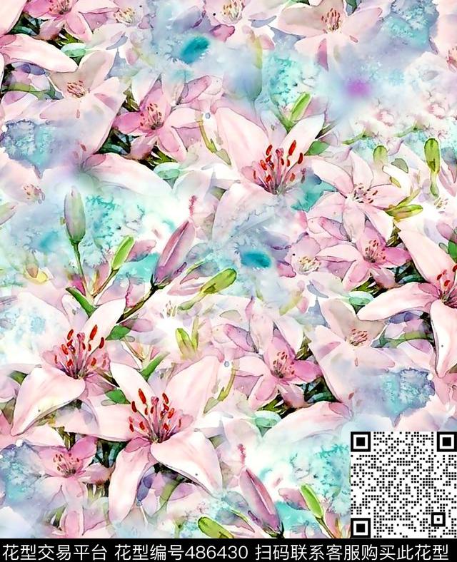 手绘水彩花卉百合花碎花清新数码印花华亿平台下载（图片编号: 486430） - 瓦栏（Walan）