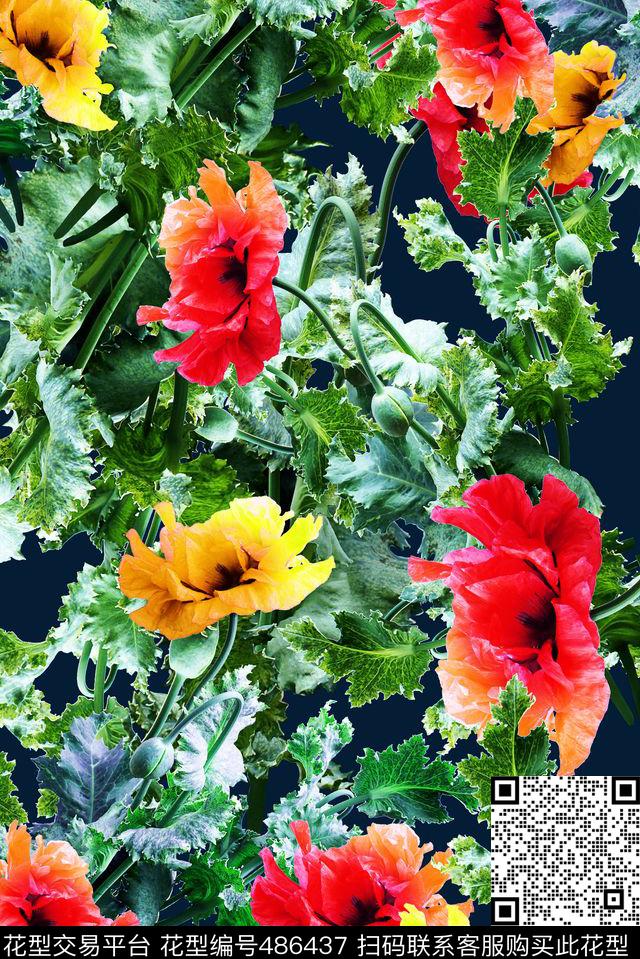 时尚女装原创摄影花深底数码印花华亿平台下载（图片编号: 486437） - 瓦栏（Walan）