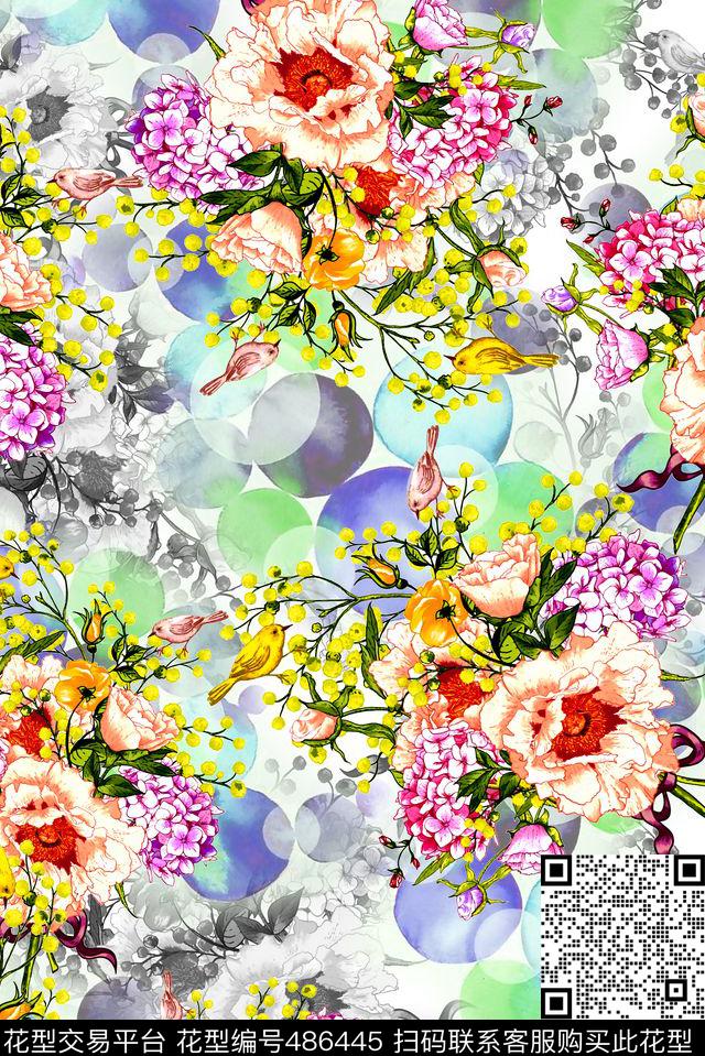 花卉水彩鸟数码印花华亿平台下载（图片编号: 486445） - 瓦栏（Walan）