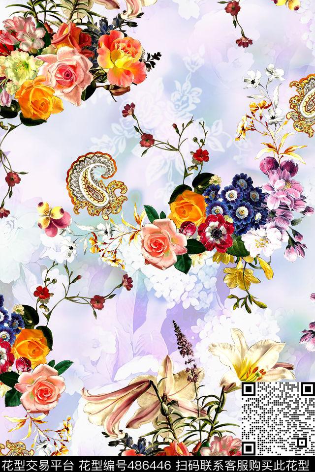 时尚手绘花卉数码印花华亿平台下载（图片编号: 486446） - 瓦栏（Walan）