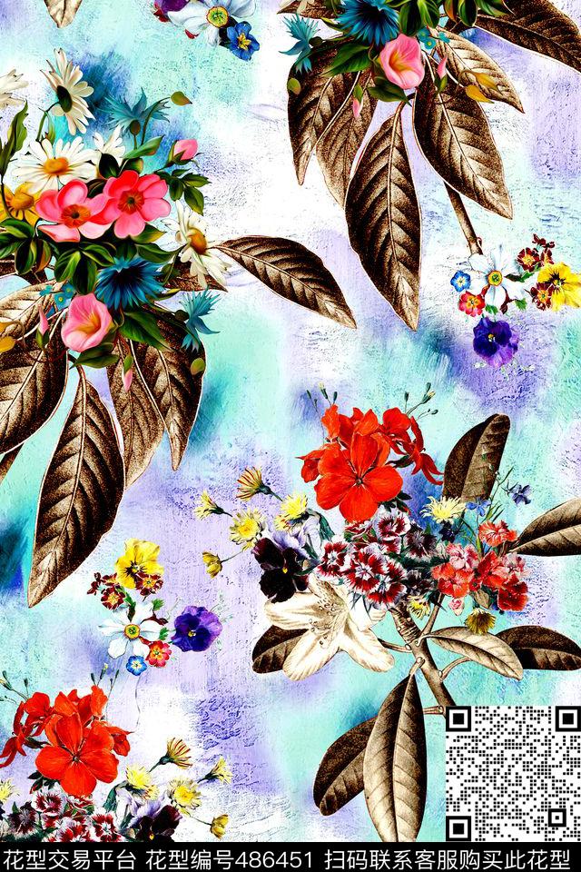 时尚炫彩花卉数码印花华亿平台下载（图片编号: 486451） - 瓦栏（Walan）