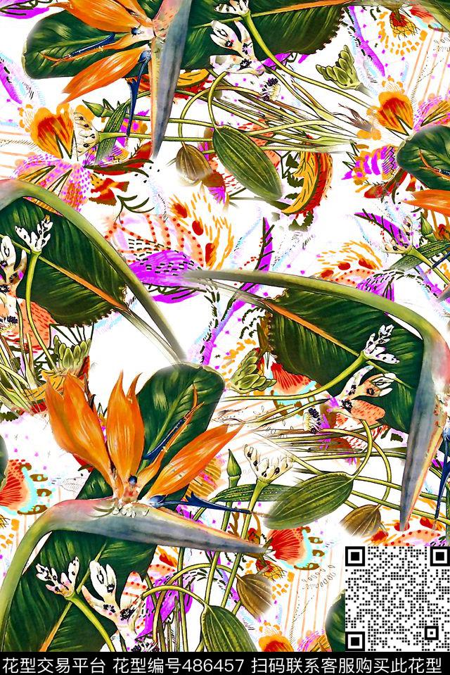 花卉鹤望兰花朵数码印花华亿平台下载（图片编号: 486457） - 瓦栏（Walan）