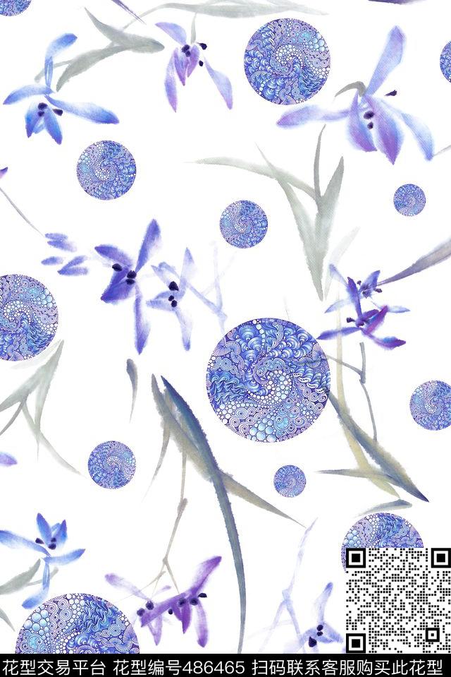 兰花清爽水彩数码印花华亿平台下载（图片编号: 486465） - 瓦栏（Walan）