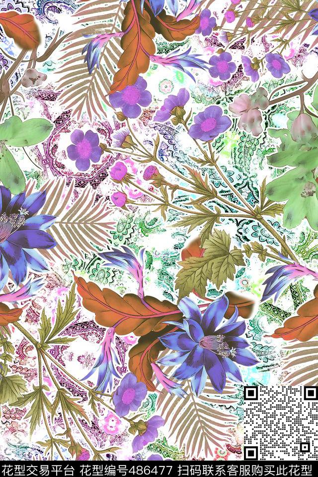 水彩花卉民族数码印花华亿平台下载（图片编号: 486477） - 瓦栏（Walan）