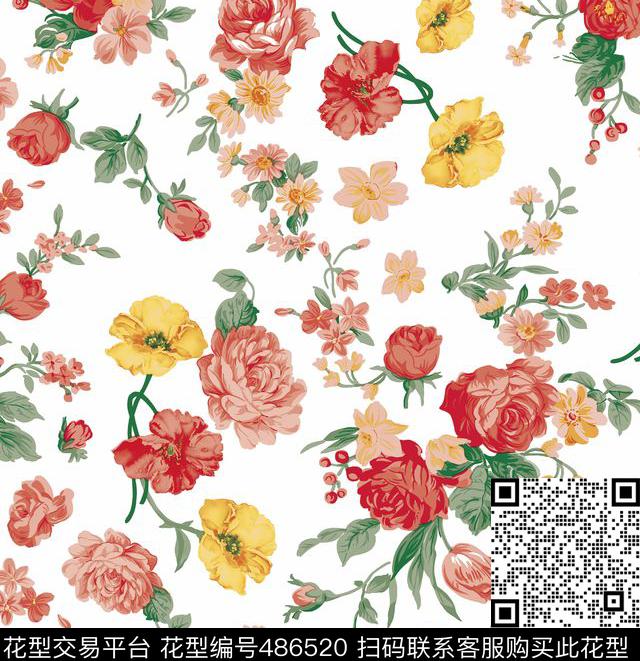 花卉潮流大牌手绘矢量花卉数码印花华亿平台下载（图片编号: 486520） - 瓦栏（Walan）