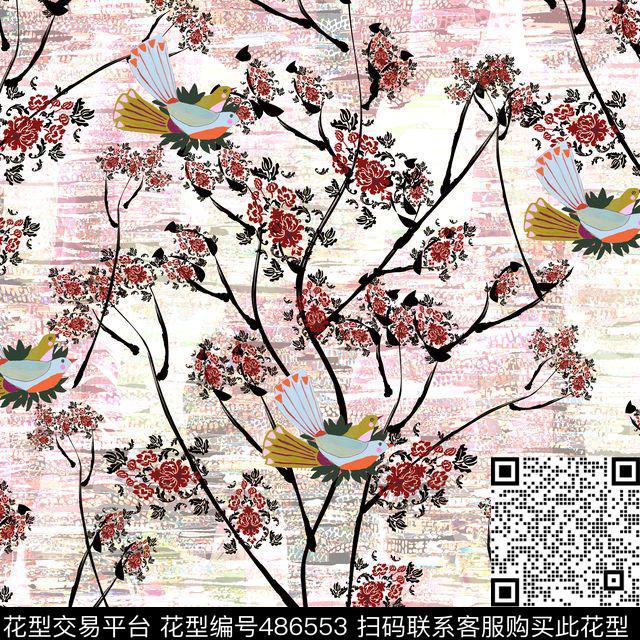 时尚水墨梅花数码印花华亿平台下载（图片编号: 486553） - 瓦栏（Walan）