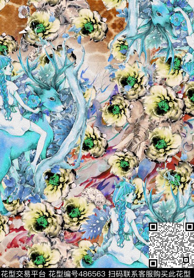 花卉鹿鹿纹数码印花华亿平台下载（图片编号: 486563） - 瓦栏（Walan）