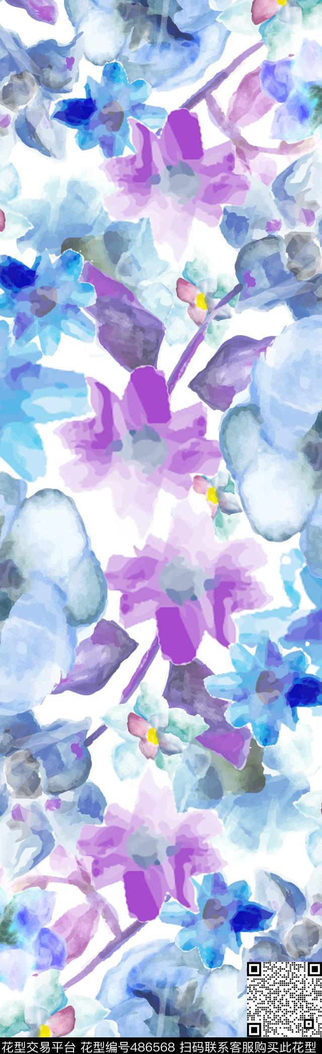 素雅水彩花卉蓝紫色花卉数码印花华亿平台下载（图片编号: 486568） - 瓦栏（Walan）