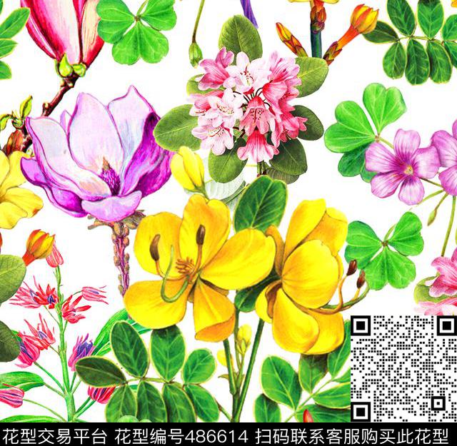 流行时尚欧美手绘热带花卉数码印花华亿平台下载（图片编号: 486614） - 瓦栏（Walan）