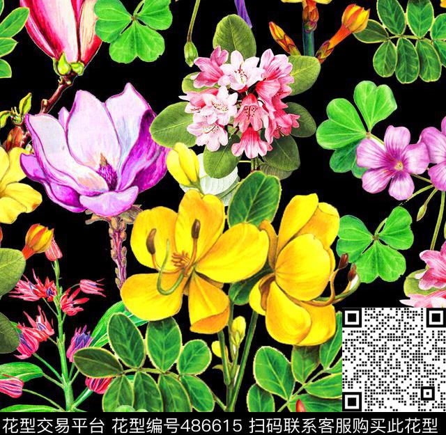 流行时尚手绘热带花卉欧美数码印花华亿平台下载（图片编号: 486615） - 瓦栏（Walan）