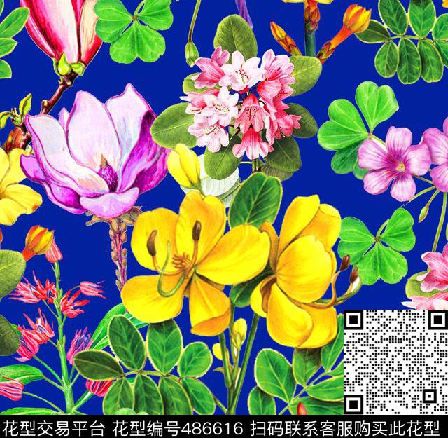 流行时尚手绘热带花卉欧美数码印花华亿平台下载（图片编号: 486616） - 瓦栏（Walan）