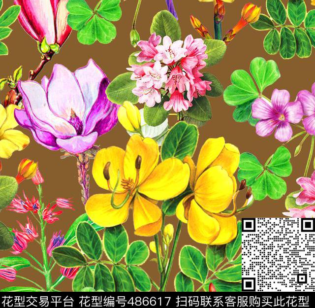 流行时尚手绘热带花卉欧美数码印花华亿平台下载（图片编号: 486617） - 瓦栏（Walan）