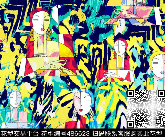 几何人物条纹流行时尚欧美数码印花华亿平台下载（图片编号: 486623） - 瓦栏（Walan）