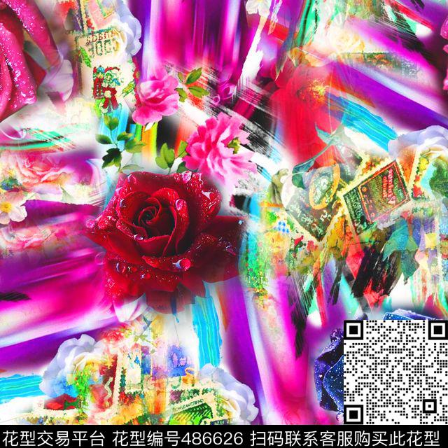 流行时尚水珠玫瑰复古油画泼墨欧美数码印花华亿平台下载（图片编号: 486626） - 瓦栏（Walan）