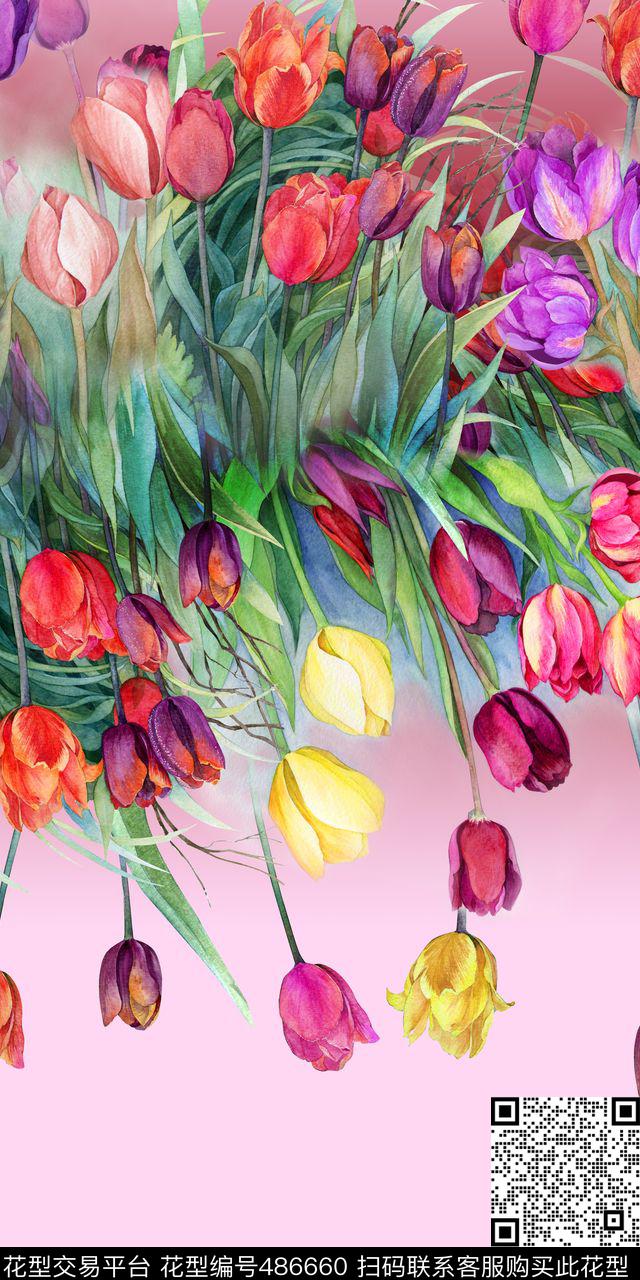 休闲手绘郁金香郁金香花卉手绘数码印花华亿平台下载（图片编号: 486660） - 瓦栏（Walan）