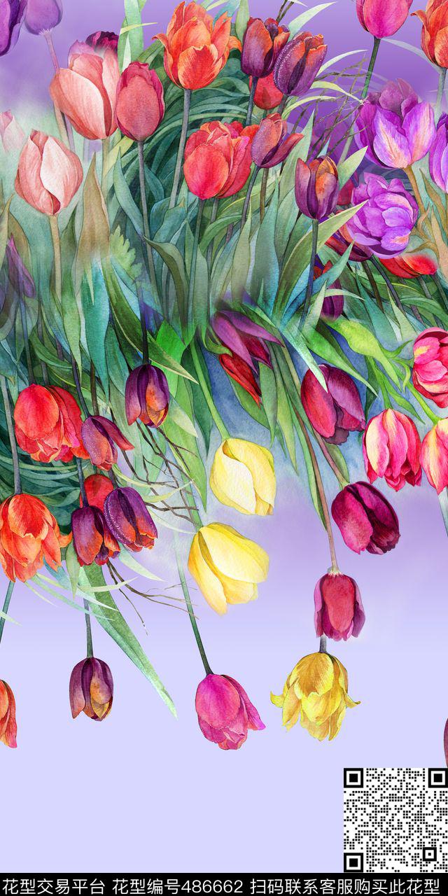 休闲手绘郁金香郁金香花卉手绘数码印花华亿平台下载（图片编号: 486662） - 瓦栏（Walan）