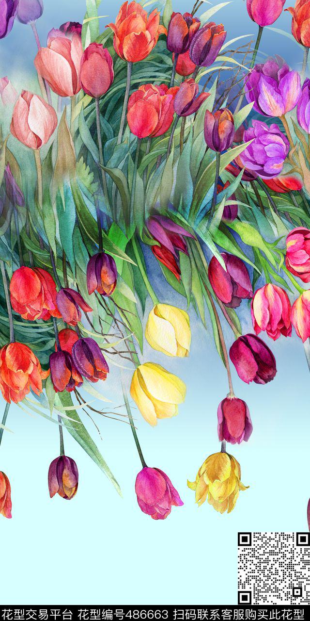 休闲手绘郁金香郁金香花卉手绘数码印花华亿平台下载（图片编号: 486663） - 瓦栏（Walan）