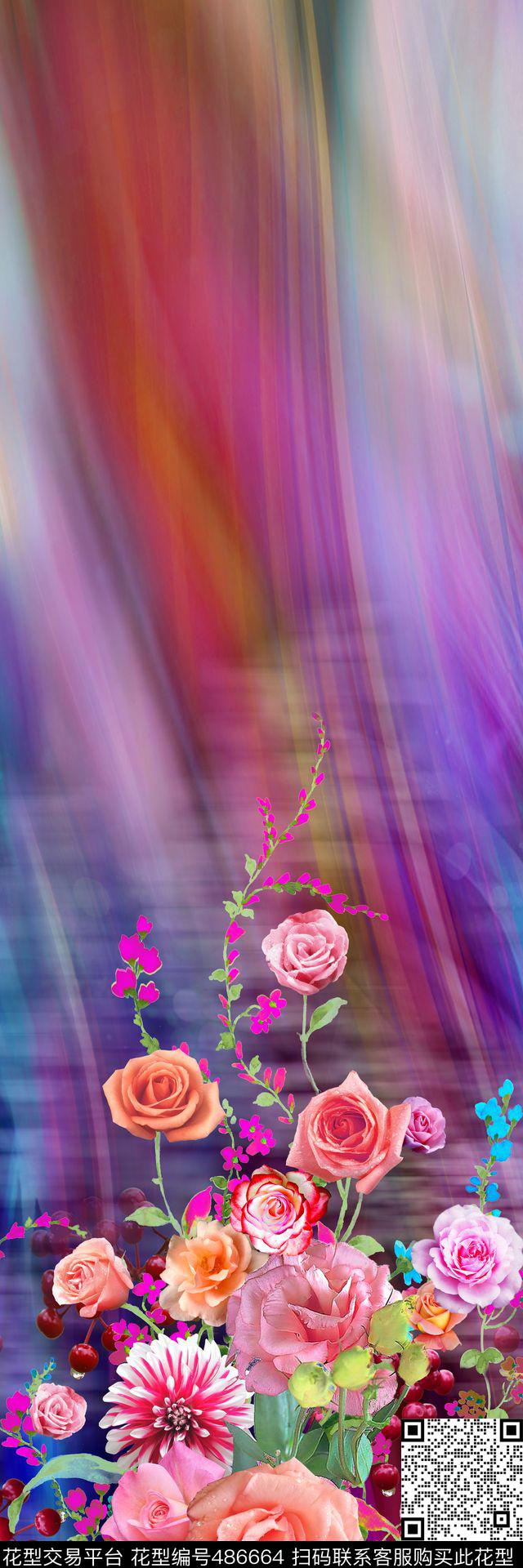 单边定位花卉写意数码印花华亿平台下载（图片编号: 486664） - 瓦栏（Walan）