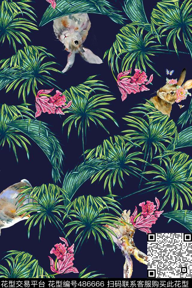 动物热带植物休闲写意手绘手绘数码印花华亿平台下载（图片编号: 486666） - 瓦栏（Walan）