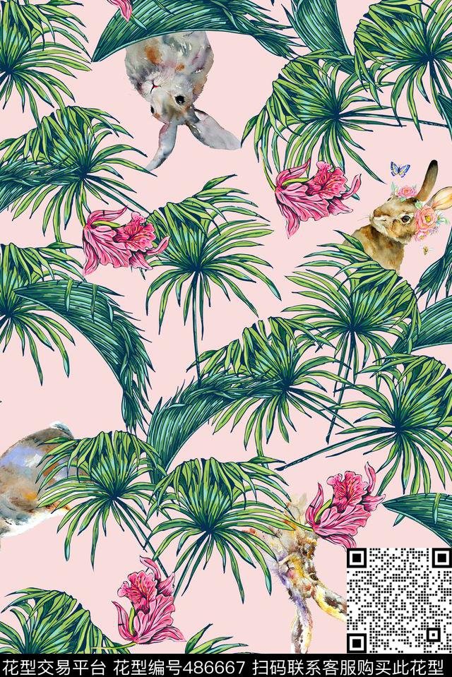 休闲写意手绘动物热带植物手绘数码印花华亿平台下载（图片编号: 486667） - 瓦栏（Walan）