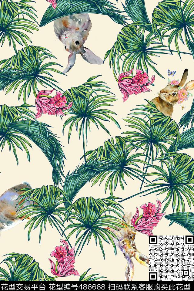 休闲写意手绘动物热带植物手绘数码印花华亿平台下载（图片编号: 486668） - 瓦栏（Walan）