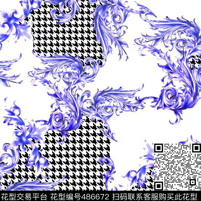 欧式花藤千鸟格潮流数码印花华亿平台下载（图片编号: 486672） - 瓦栏（Walan）