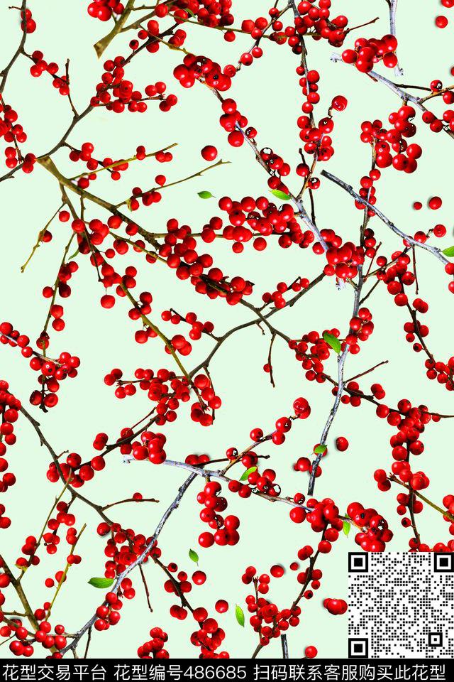 抽象树枝果实手绘素雅山楂果实花卉沙发欧美田园植物H【抽象】数码印花华亿平台下载（图片编号: 486685） - 瓦栏（Walan）