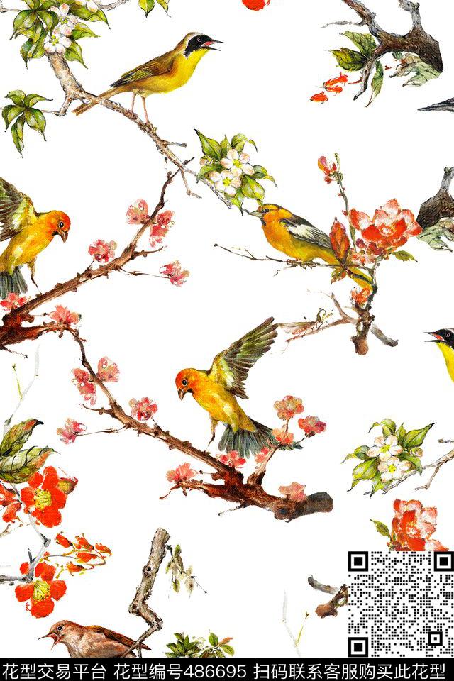 丝麻面料花行水彩花鸟休闲风数码印花华亿平台下载（图片编号: 486695） - 瓦栏（Walan）