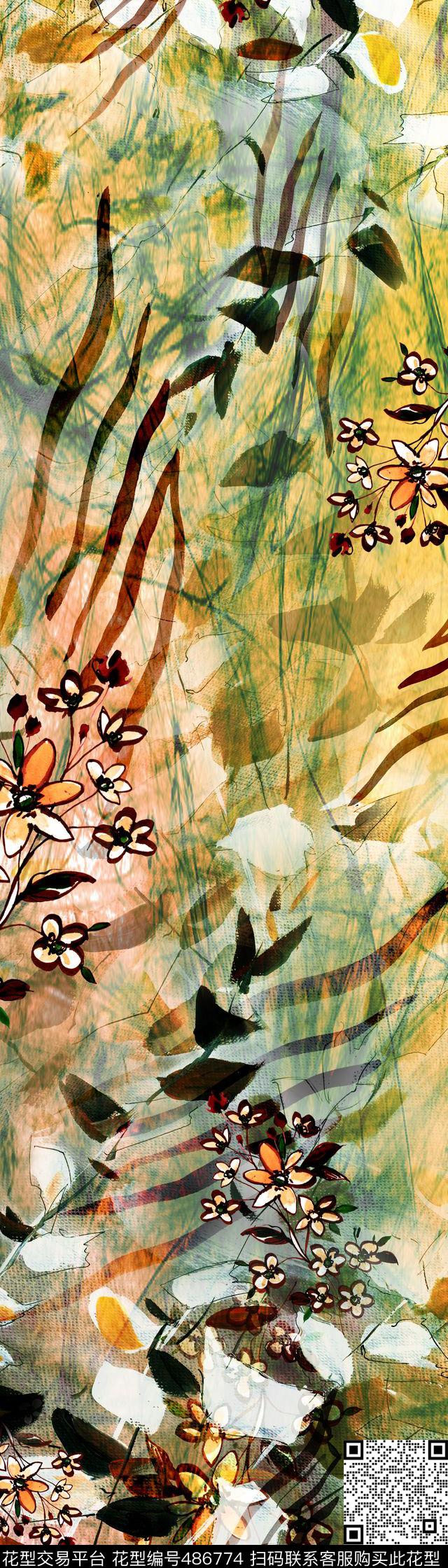 写意花卉水彩数码印花华亿平台下载（图片编号: 486774） - 瓦栏（Walan）