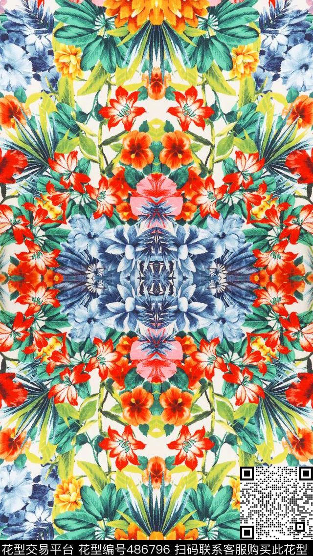 流行时尚手绘左右对称印花欧美数码印花华亿平台下载（图片编号: 486796） - 瓦栏（Walan）