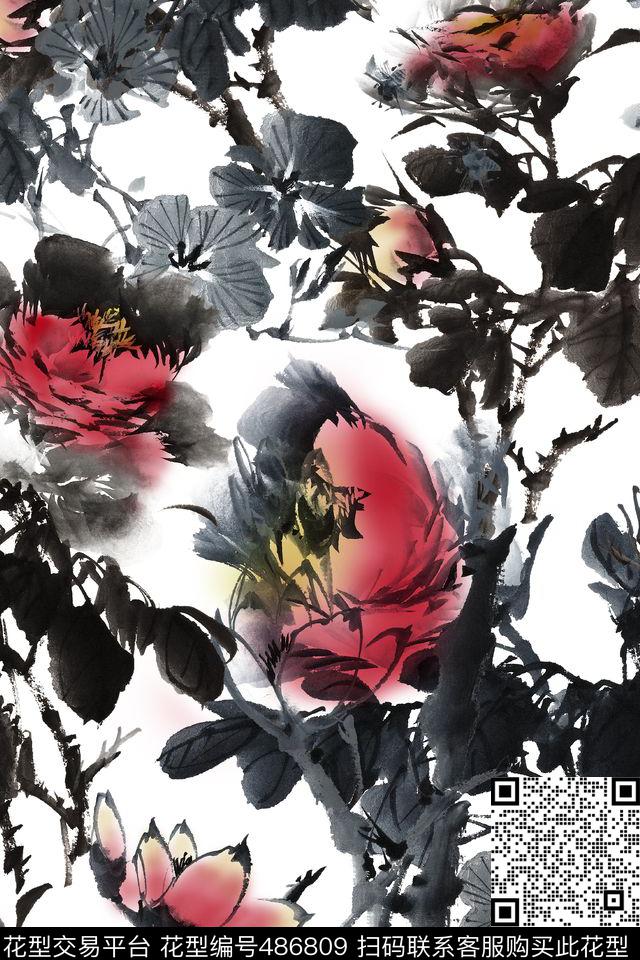 大牌花卉水墨数码印花华亿平台下载（图片编号: 486809） - 瓦栏（Walan）