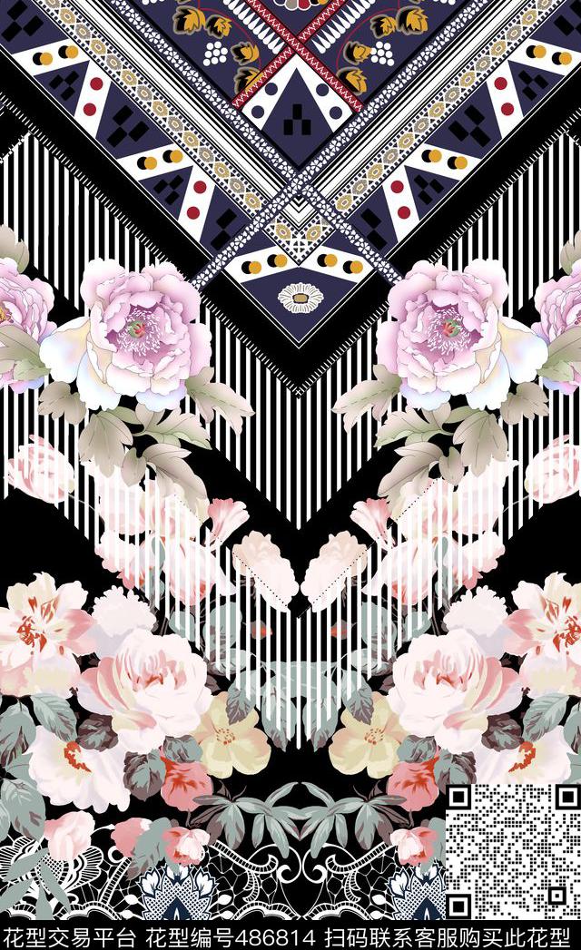 潮流时尚定位大牌民族风手绘花卉数码印花华亿平台下载（图片编号: 486814） - 瓦栏（Walan）