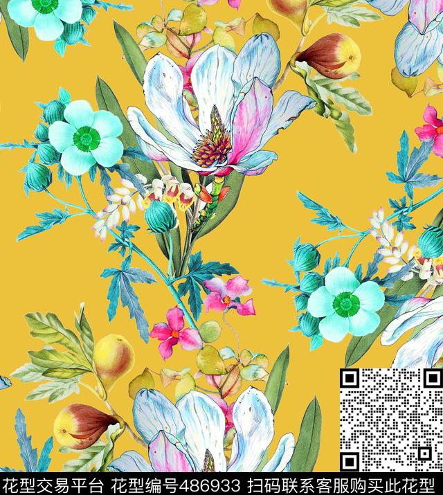 流行时尚欧美手绘彩色复古花卉数码印花华亿平台下载（图片编号: 486933） - 瓦栏（Walan）