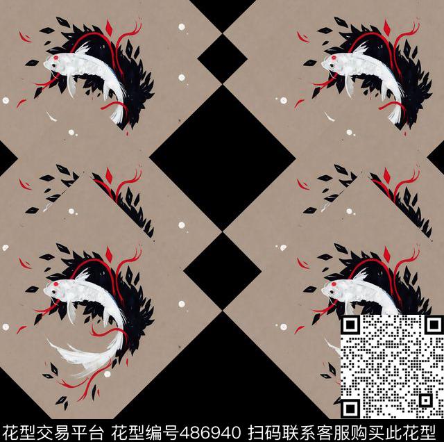 国画几何鱼数码印花华亿平台下载（图片编号: 486940） - 瓦栏（Walan）
