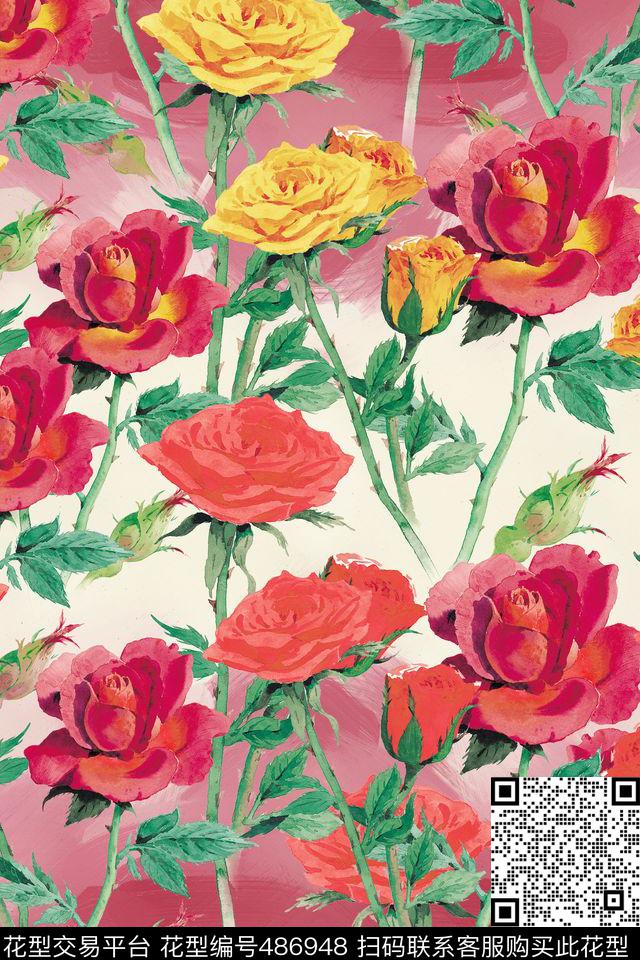 手绘花朵拼接数码印花华亿平台下载（图片编号: 486948） - 瓦栏（Walan）