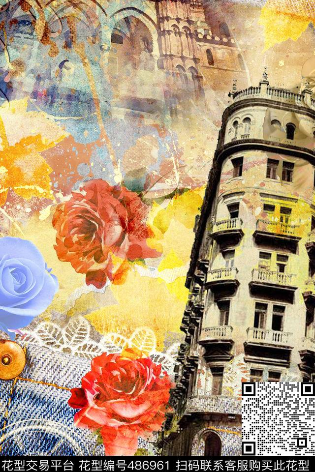 T恤复古建筑花卉数码印花华亿平台下载（图片编号: 486961） - 瓦栏（Walan）
