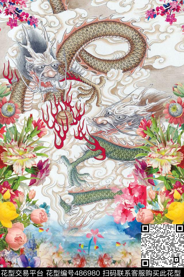 中国风手绘龙手绘花卉数码印花华亿平台下载（图片编号: 486980） - 瓦栏（Walan）