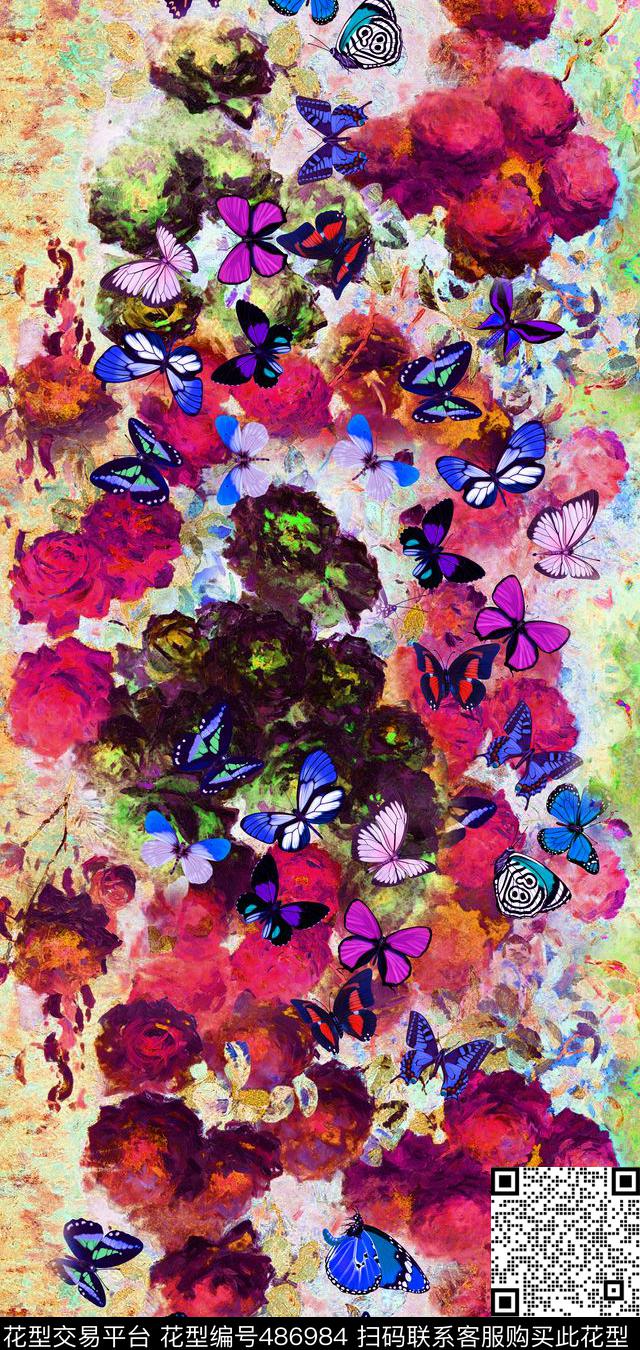 滤色花卉花卉蝴蝶数码印花华亿平台下载（图片编号: 486984） - 瓦栏（Walan）