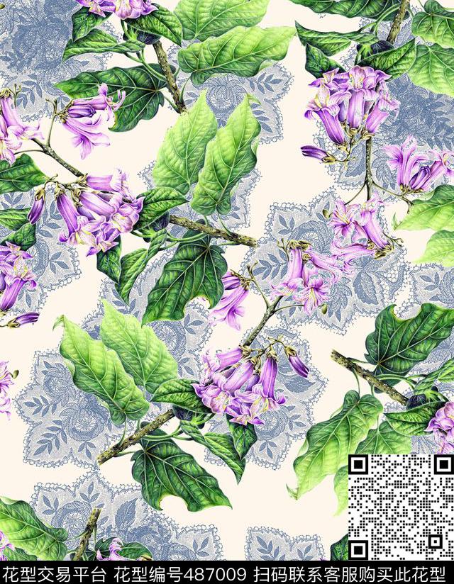 手绘梧桐花花卉碎花米色底数码印花华亿平台下载（图片编号: 487009） - 瓦栏（Walan）