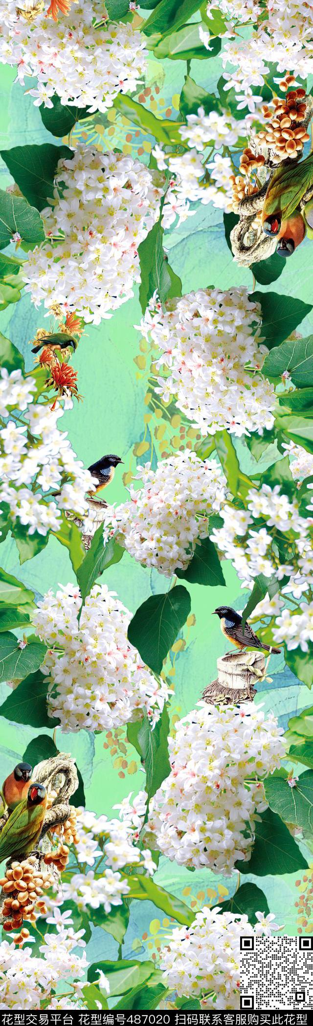 清新绣球小鸟数码印花华亿平台下载（图片编号: 487020） - 瓦栏（Walan）