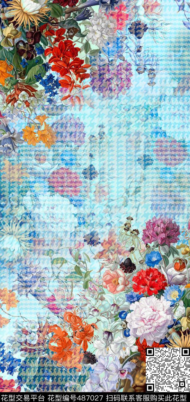 几何千鸟格花卉数码印花华亿平台下载（图片编号: 487027） - 瓦栏（Walan）